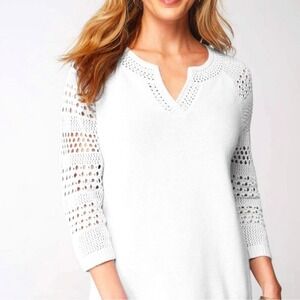 NWT J. JILL Open Knit Sweater Women's 2X White Crochet Cotton Linen V-Neck Boho